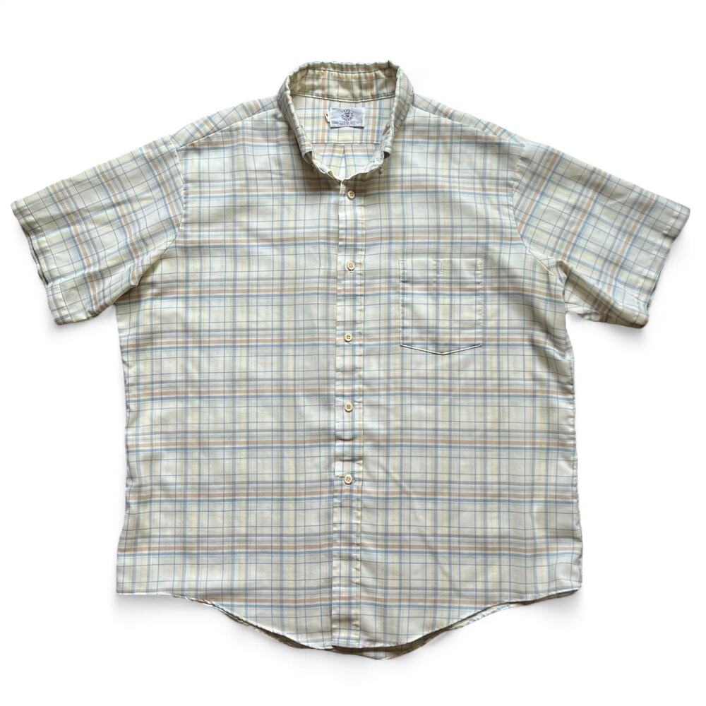 Vintage Ivy Classics Tan Blue Orange Plaid Button Down Short Sleeve Shirt XL USA